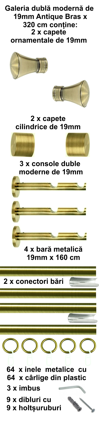 Galerie metalica Conic dubla moderna 19 mm, antique brass (auriu antic) - imagine 6