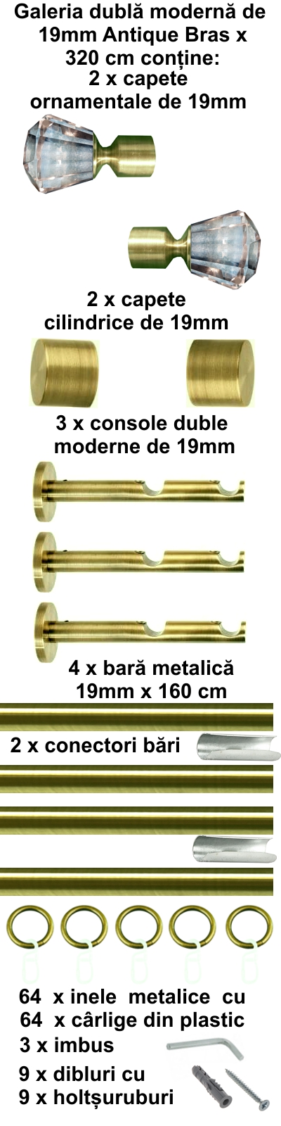 Galerie metalica Cristal dubla moderna 19 mm, antique brass (auriu antic) - imagine 9