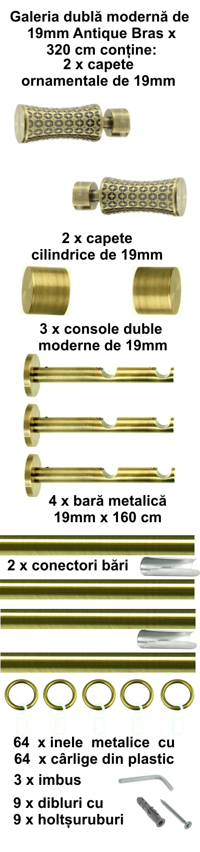 Galerie metalica Jaris dubla moderna 19 mm, antique brass (auriu antic) - imagine 6