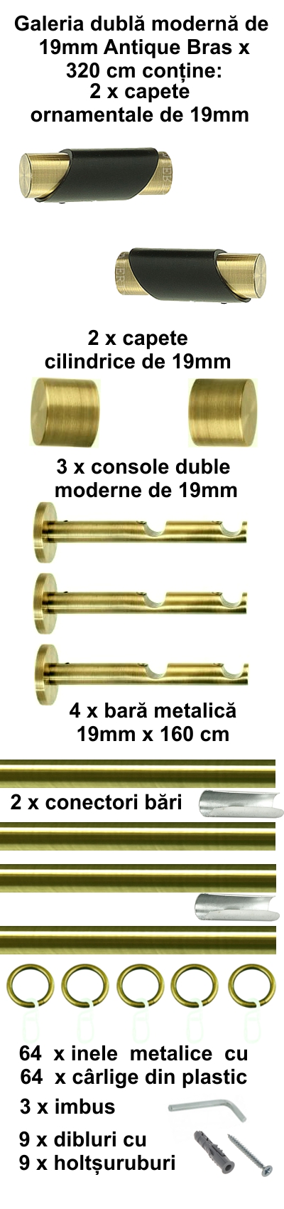 Galerie metalica Paris dubla moderna 19 mm, antique brass (auriu antic) - imagine 6