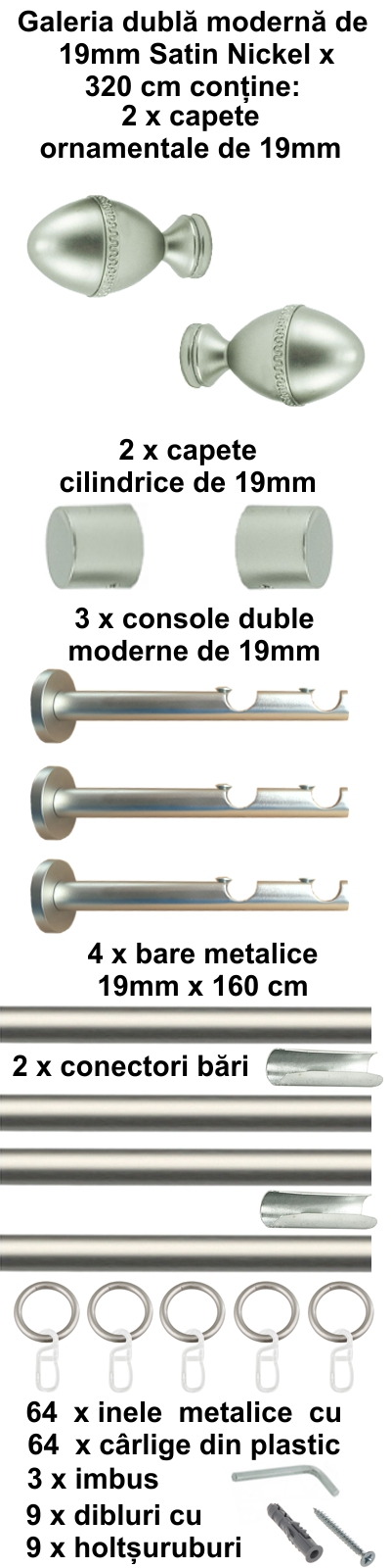 Galerie metalica Cezar dubla moderna 19 mm, satin nichel (argintiu mat) - imagine 7