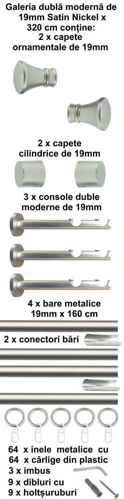 Galerie metalica Conic dubla moderna 19 mm, satin nichel (argintiu mat) - imagine 7