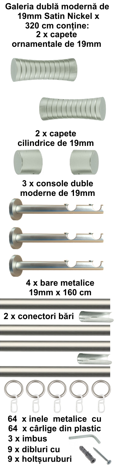 Galerie metalica Febris dubla moderna 19 mm, satin nichel (argintiu mat) - imagine 7