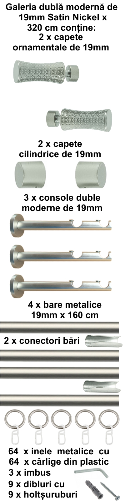 Galerie metalica Jaris dubla moderna 19 mm, satin nichel (argintiu mat) - imagine 7