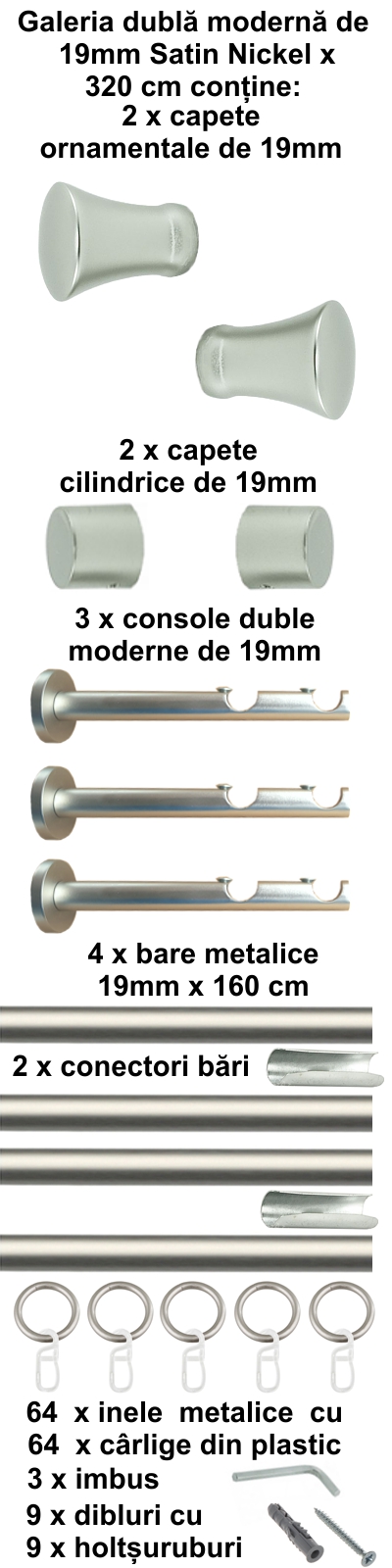 Galerie metalica Monaco dubla moderna 19 mm, satin nichel (argintiu mat) - imagine 7