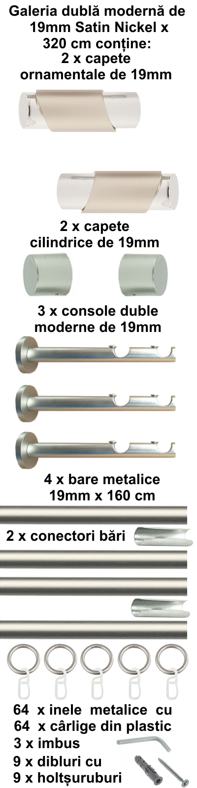 Galerie metalica Paris dubla moderna 19 mm, satin nichel (argintiu mat) - imagine 7