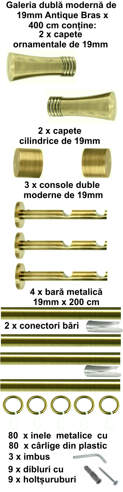 Galerie metalica Ahile dubla moderna 19 mm, antique brass (auriu antic) - imagine 8