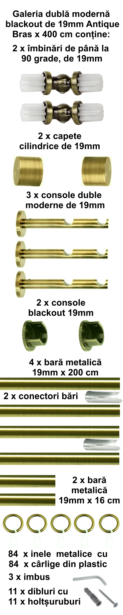 Galerie metalica Blackout dubla moderna 19 mm, antique brass (auriu antic) - imagine 7