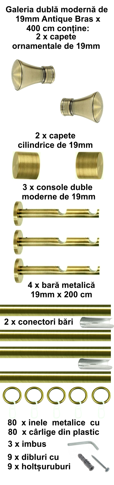 Galerie metalica Conic dubla moderna 19 mm, antique brass (auriu antic) - imagine 8