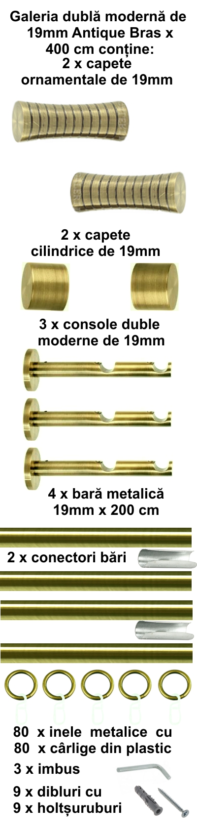 Galerie metalica Febris dubla moderna 19 mm, antique brass (auriu antic) - imagine 8