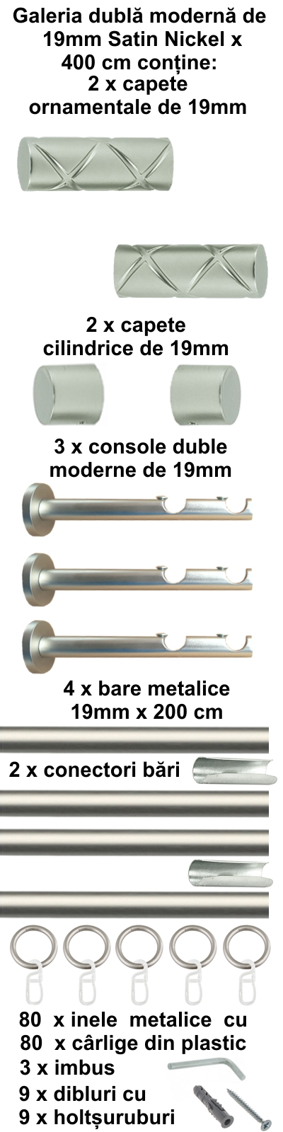 Galerie metalica Ciel dubla moderna 19 mm, satin nichel (argintiu mat) - imagine 8