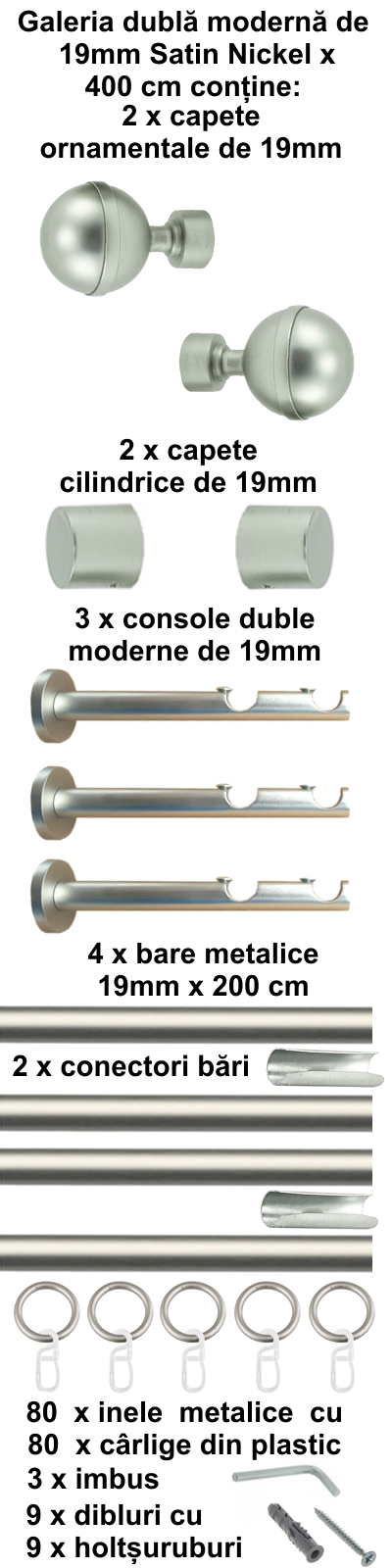 Galerie metalica Kalisto dubla moderna 19 mm, satin nichel (argintiu mat) - imagine 8