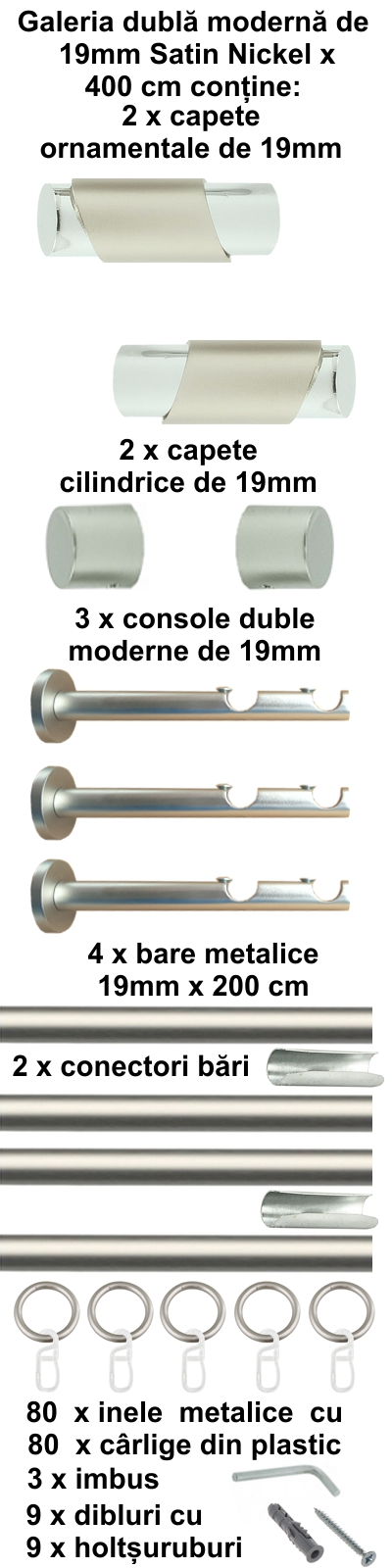 Galerie metalica Paris dubla moderna 19 mm, satin nichel (argintiu mat) - imagine 8