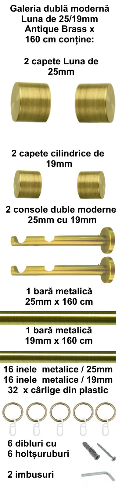 Galerie metalica Luna dubla moderna 25 mm, antique brass (auriu antic) - imagine 2