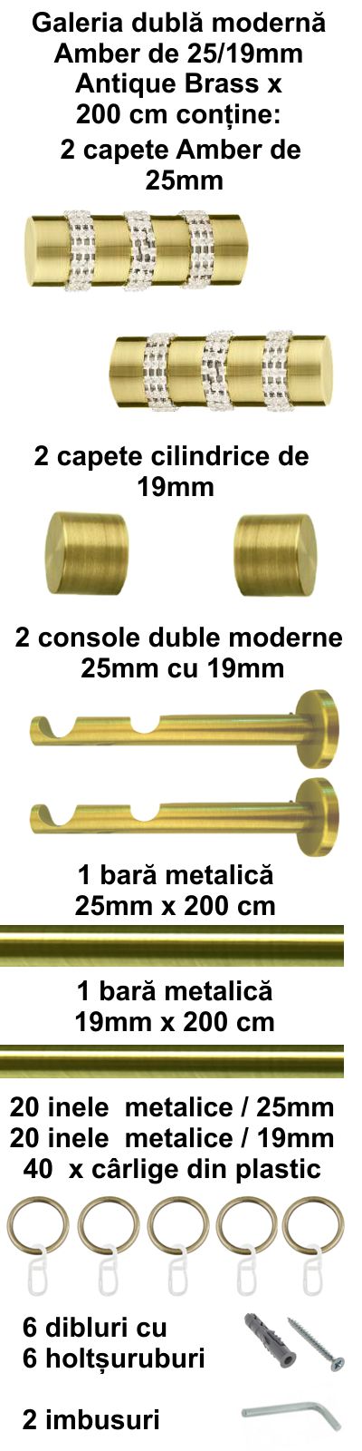 Galerie metalica Amber dubla moderna 25 mm, antique brass (auriu antic) - imagine 2
