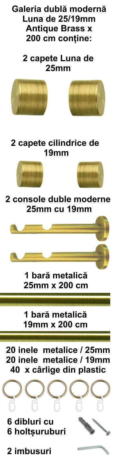 Galerie metalica Luna dubla moderna 25 mm, antique brass (auriu antic) - imagine 4