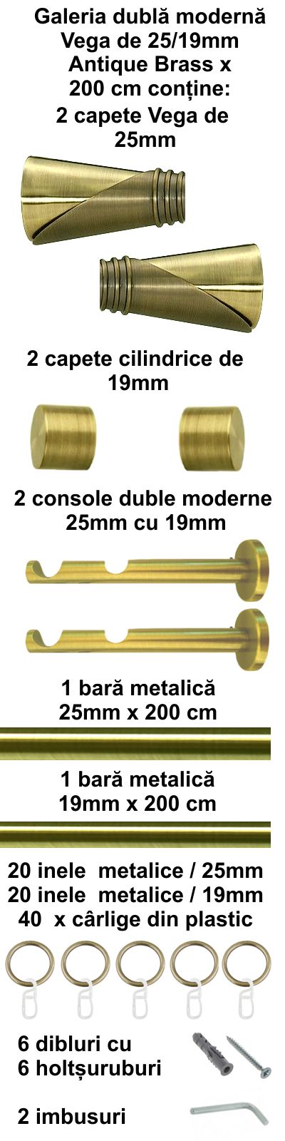 Galerie metalica Vega dubla moderna 25 mm, antique brass (auriu antic) - imagine 4