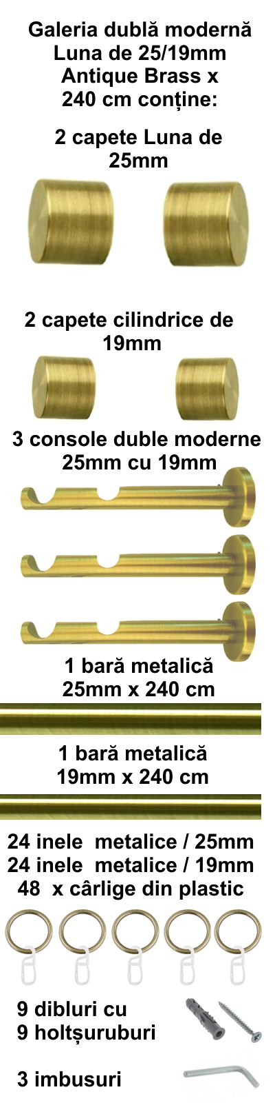 Galerie metalica Luna dubla moderna 25 mm, antique brass (auriu antic) - imagine 5