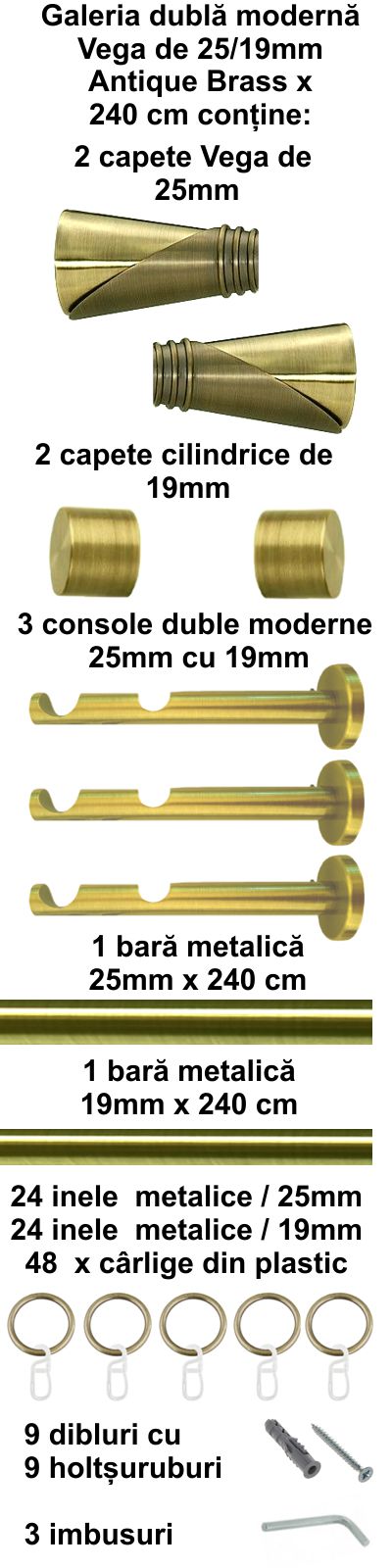 Galerie metalica Vega dubla moderna 25 mm, antique brass (auriu antic) - imagine 5