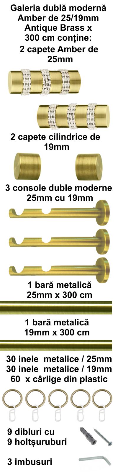 Galerie metalica Amber dubla moderna 25 mm, antique brass (auriu antic) - imagine 4