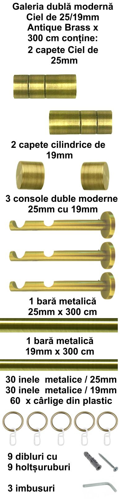 Galerie metalica Ciel dubla moderna 25 mm, antique brass (auriu antic) - imagine 4
