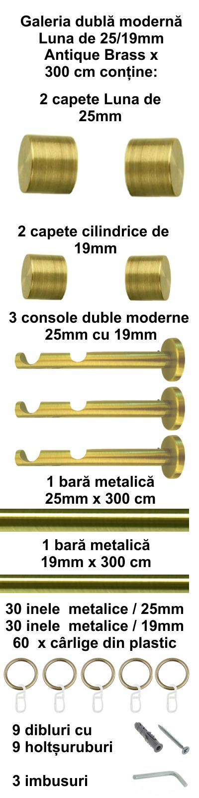 Galerie metalica Luna dubla moderna 25 mm, antique brass (auriu antic) - imagine 6
