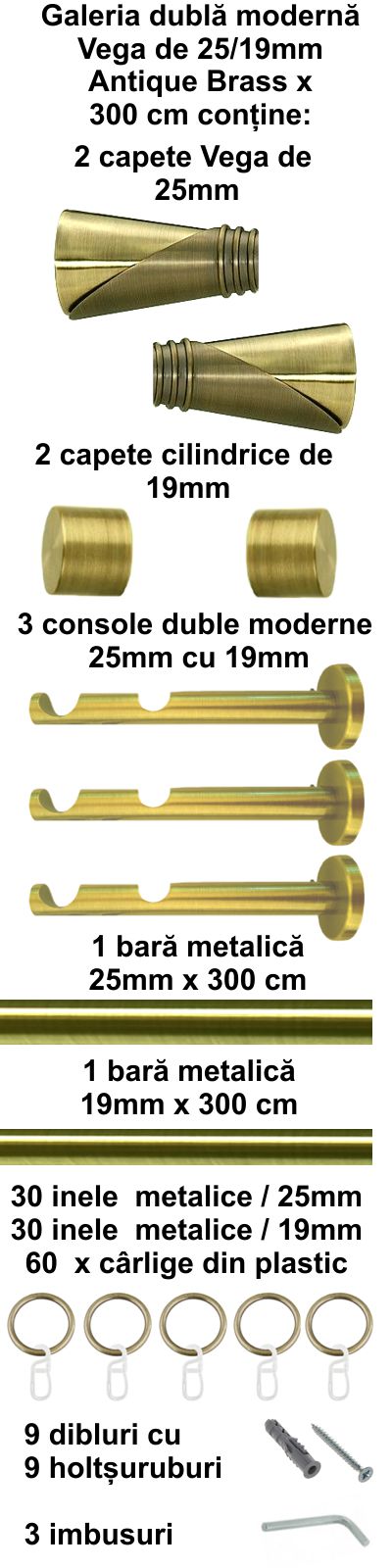 Galerie metalica Vega dubla moderna 25 mm, antique brass (auriu antic) - imagine 6