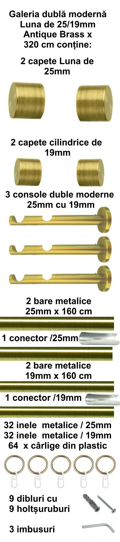 Galerie metalica Luna dubla moderna 25 mm, antique brass (auriu antic) - imagine 7