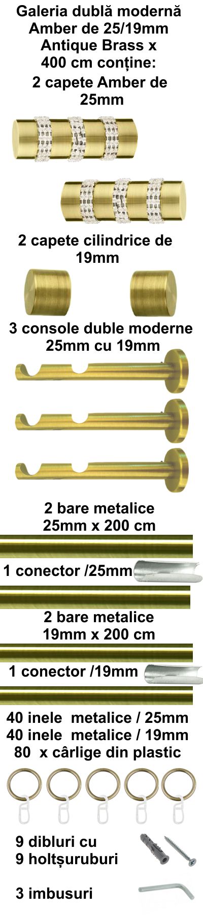 Galerie metalica Amber dubla moderna 25 mm, antique brass (auriu antic) - imagine 5