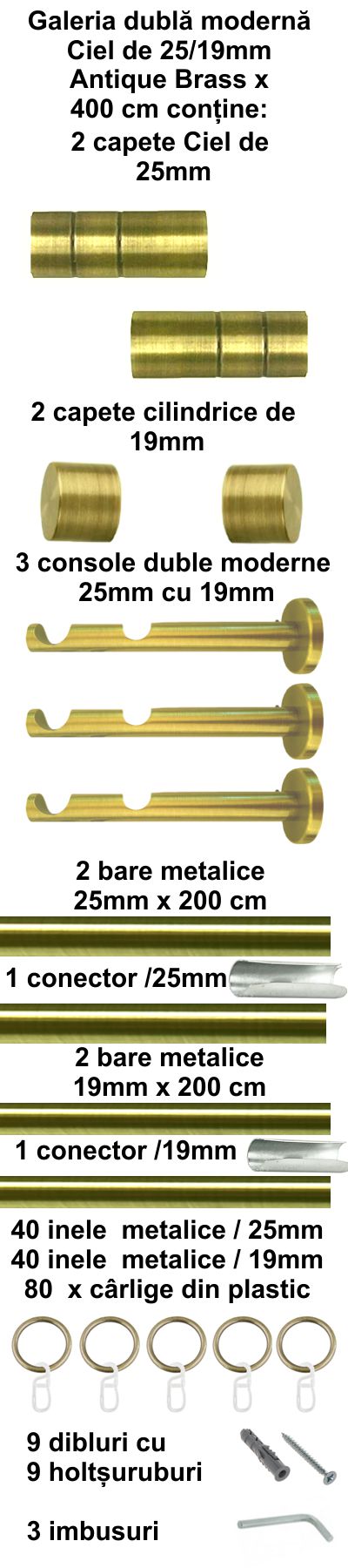 Galerie metalica Ciel dubla moderna 25 mm, antique brass (auriu antic) - imagine 6
