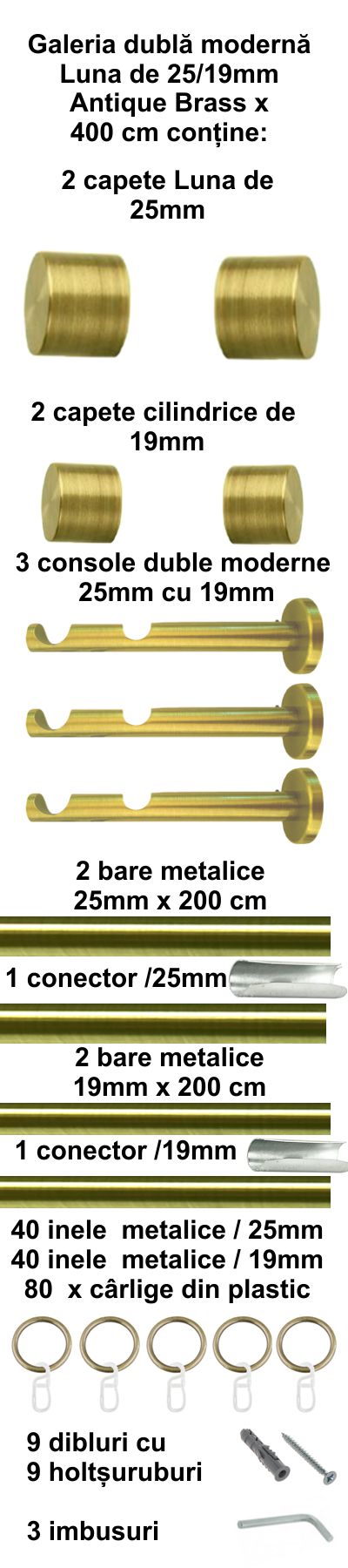 Galerie metalica Luna dubla moderna 25 mm, antique brass (auriu antic) - imagine 8