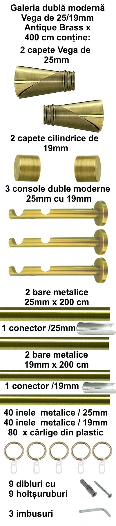 Galerie metalica Vega dubla moderna 25 mm, antique brass (auriu antic) - imagine 8
