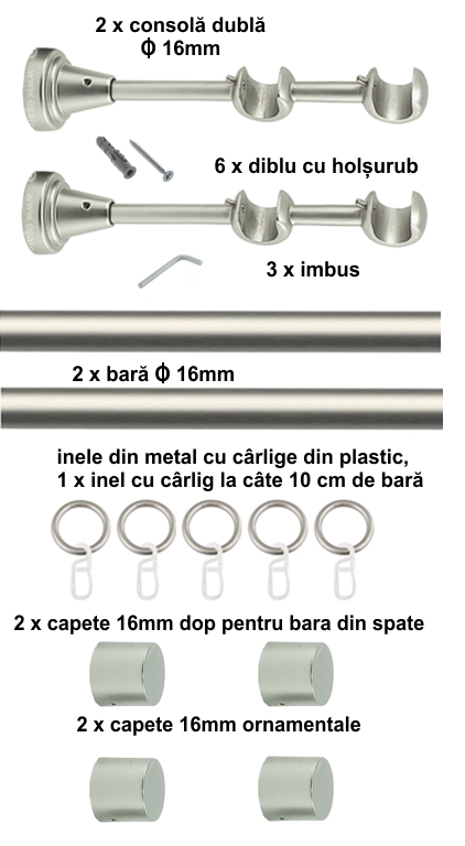 Galerie metalica Luna dubla 16 mm, satin nichel (argintiu mat) - imagine 2