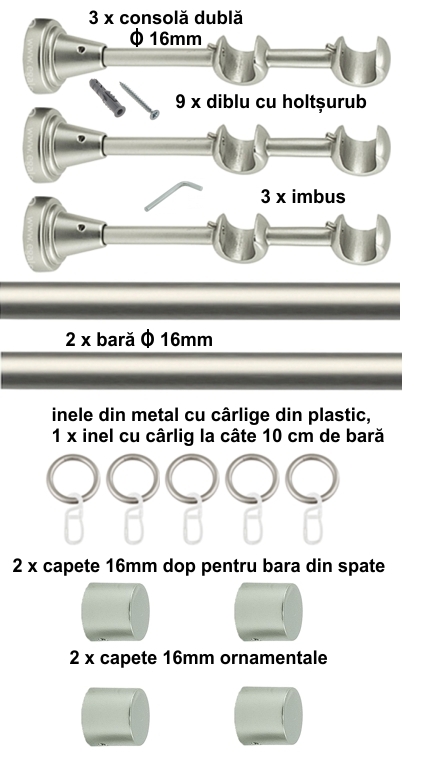 Galerie metalica Luna dubla 16 mm, satin nichel (argintiu mat) - imagine 5
