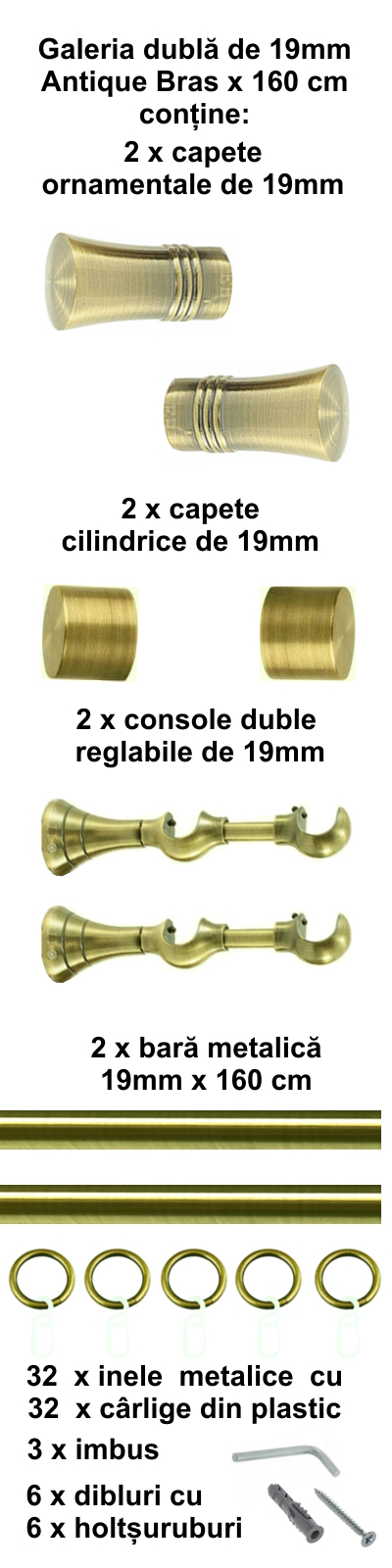 Galerie metalica Capri dubla 19 mm, antique brass (auriu antic) - imagine 2