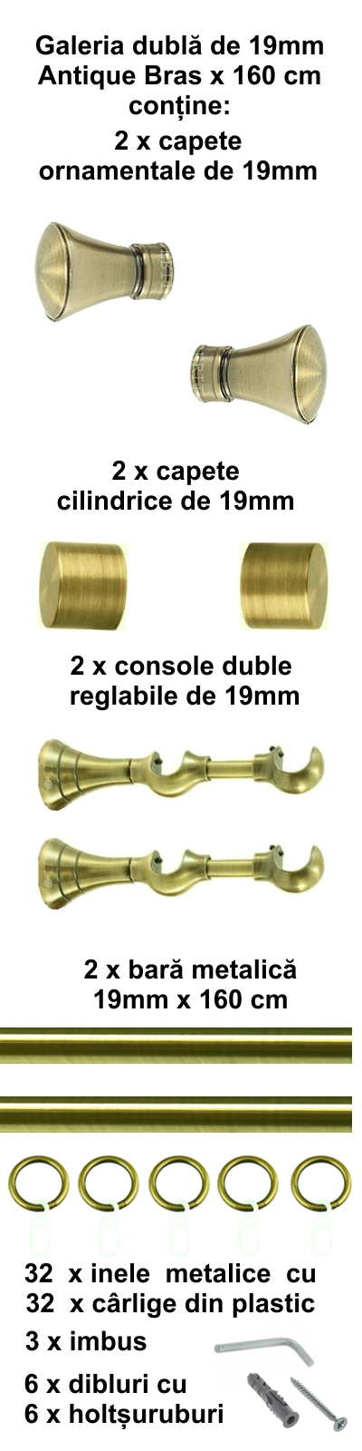Galerie metalica Conic dubla 19 mm, antique brass (auriu antic) - imagine 2