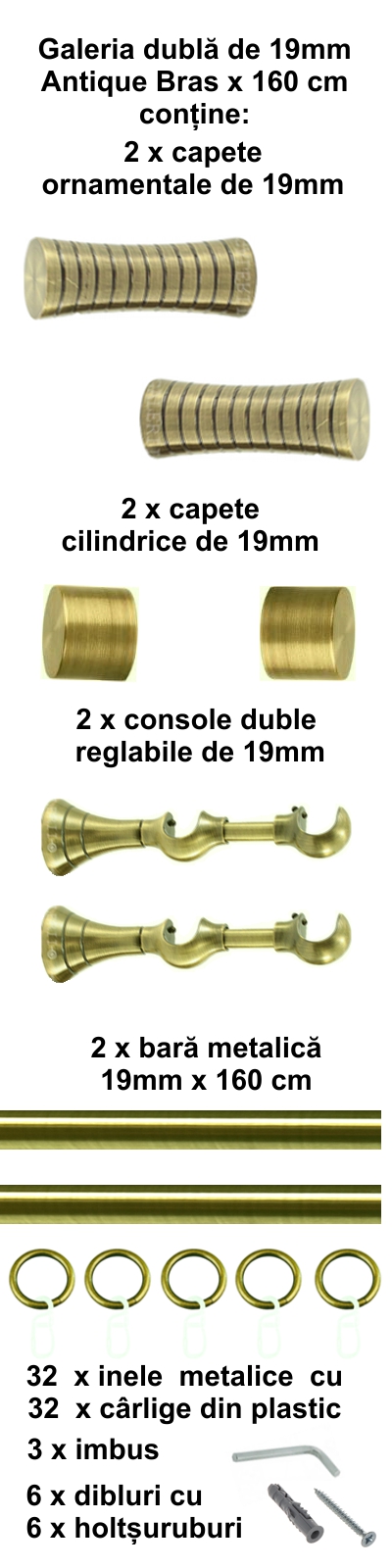 Galerie metalica Febris dubla 19 mm, antique brass (auriu antic) - imagine 2