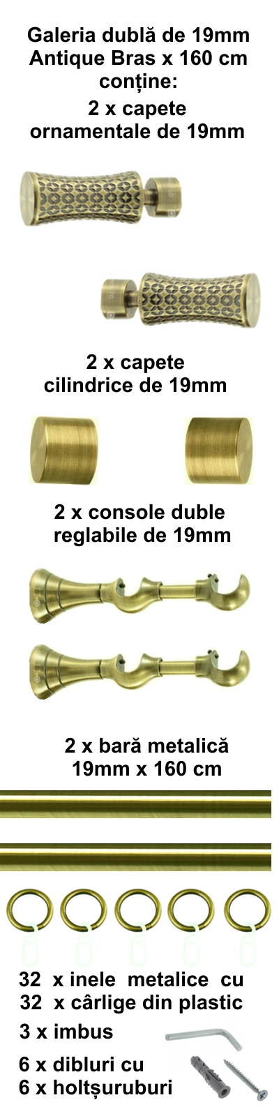 Galerie metalica Jaris dubla 19 mm, antique brass (auriu antic) - imagine 2