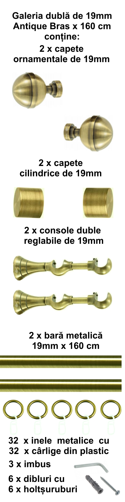 Galerie metalica Kalisto dubla 19 mm, antique brass (auriu antic) - imagine 4