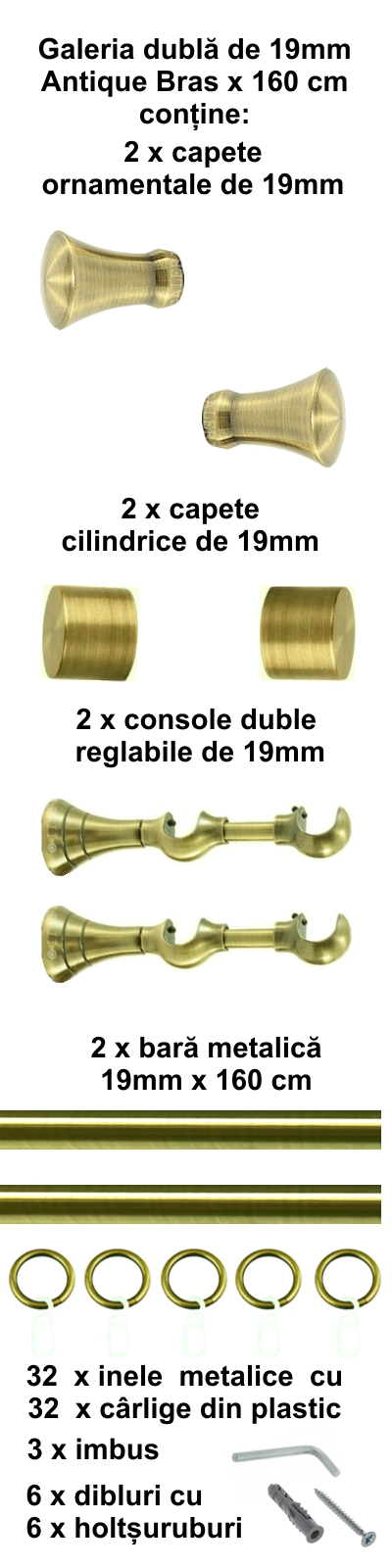Galerie metalica Monaco dubla 19 mm, antique brass (auriu antic) - imagine 2