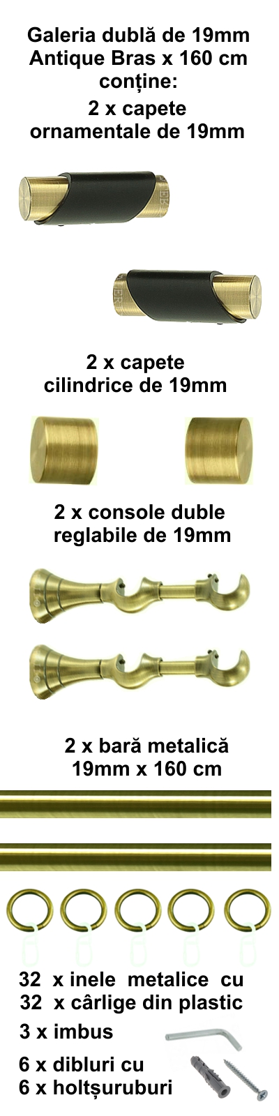 Galerie metalica Paris dubla 19 mm, antique brass (auriu antic) - imagine 2
