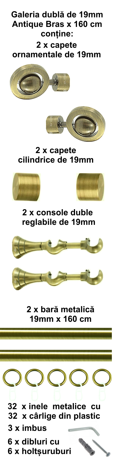 Galerie metalica Seti dubla 19 mm, antique brass (auriu antic) - imagine 2