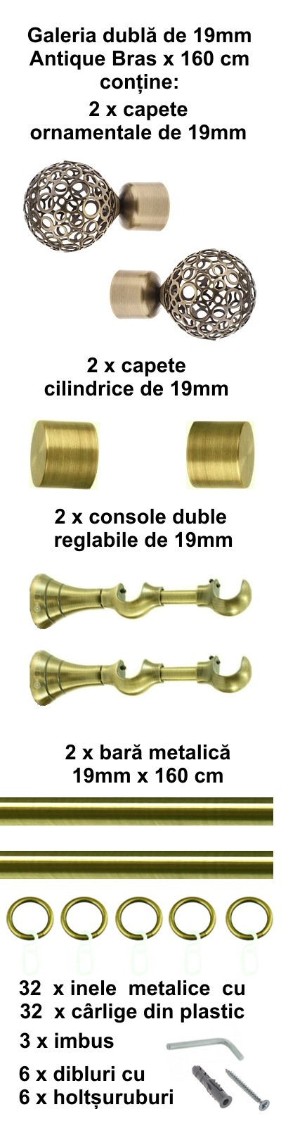 Galerie metalica Sun dubla 19 mm, antique brass (auriu antic) - imagine 2
