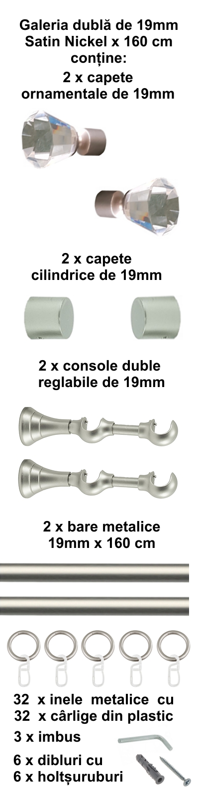 Galerie metalica Cristal dubla 19 mm, satin nichel (argintiu mat) - imagine 2