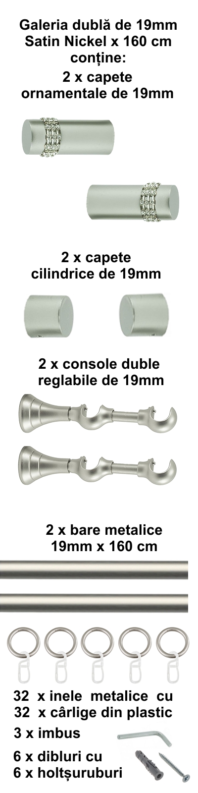 Galerie metalica Dios dubla 19 mm, satin nichel (argintiu mat) - imagine 2
