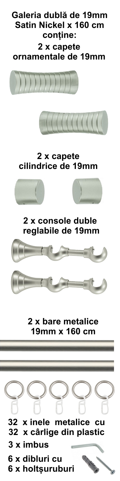 Galerie metalica Febris dubla 19 mm, satin nichel (argintiu mat) - imagine 2
