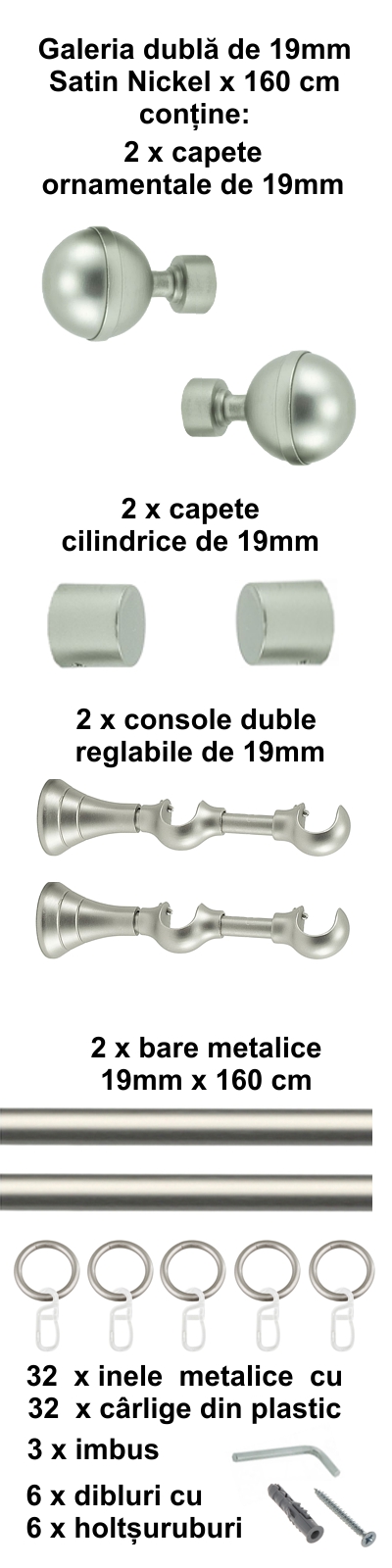 Galerie metalica Kalisto dubla 19 mm, satin nichel (argintiu mat) - imagine 2