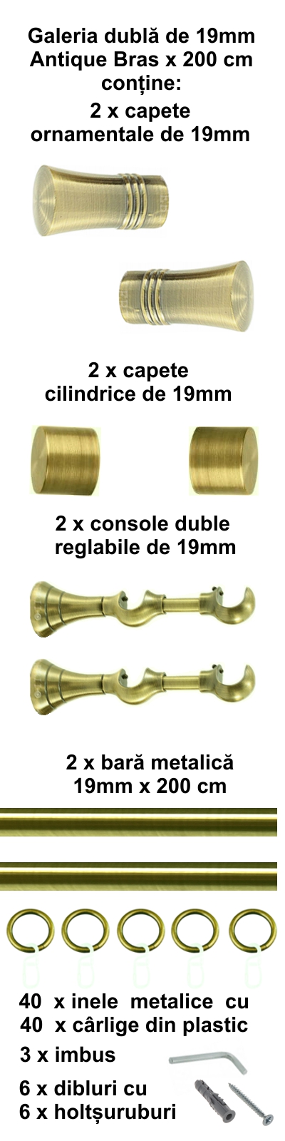 Galerie metalica Capri dubla 19 mm, antique brass (auriu antic) - imagine 3