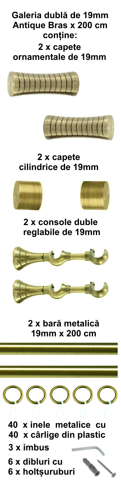 Galerie metalica Febris dubla 19 mm, antique brass (auriu antic) - imagine 3