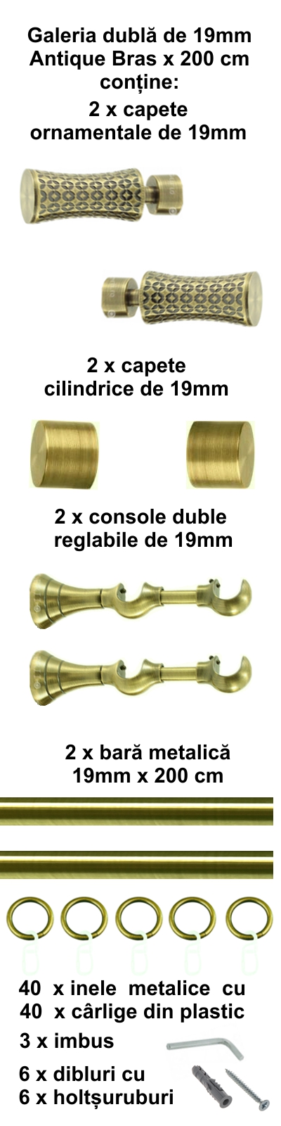 Galerie metalica Jaris dubla 19 mm, antique brass (auriu antic) - imagine 3